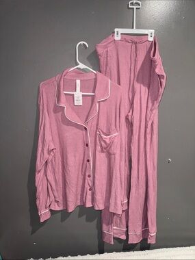 Auden Rose Pink Waffle Knit Pajama Set with White Piping